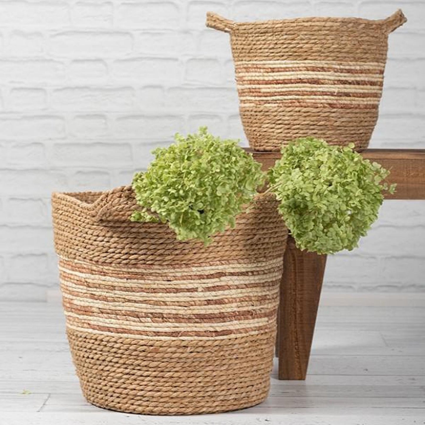 Set Of 3 Multi Color Striped With Handles Baskets