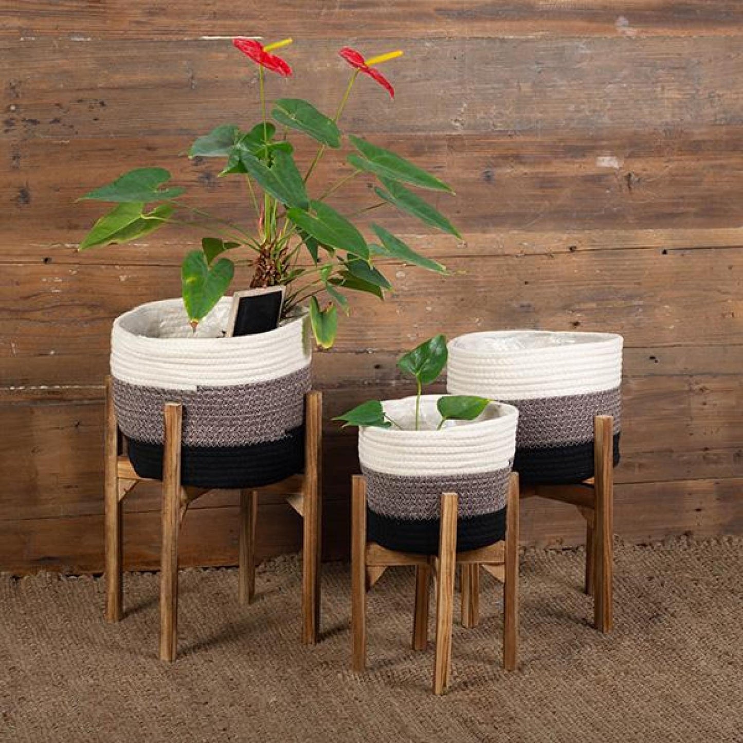 Set Of 3 Jute On Wooden Legs Plant Stand