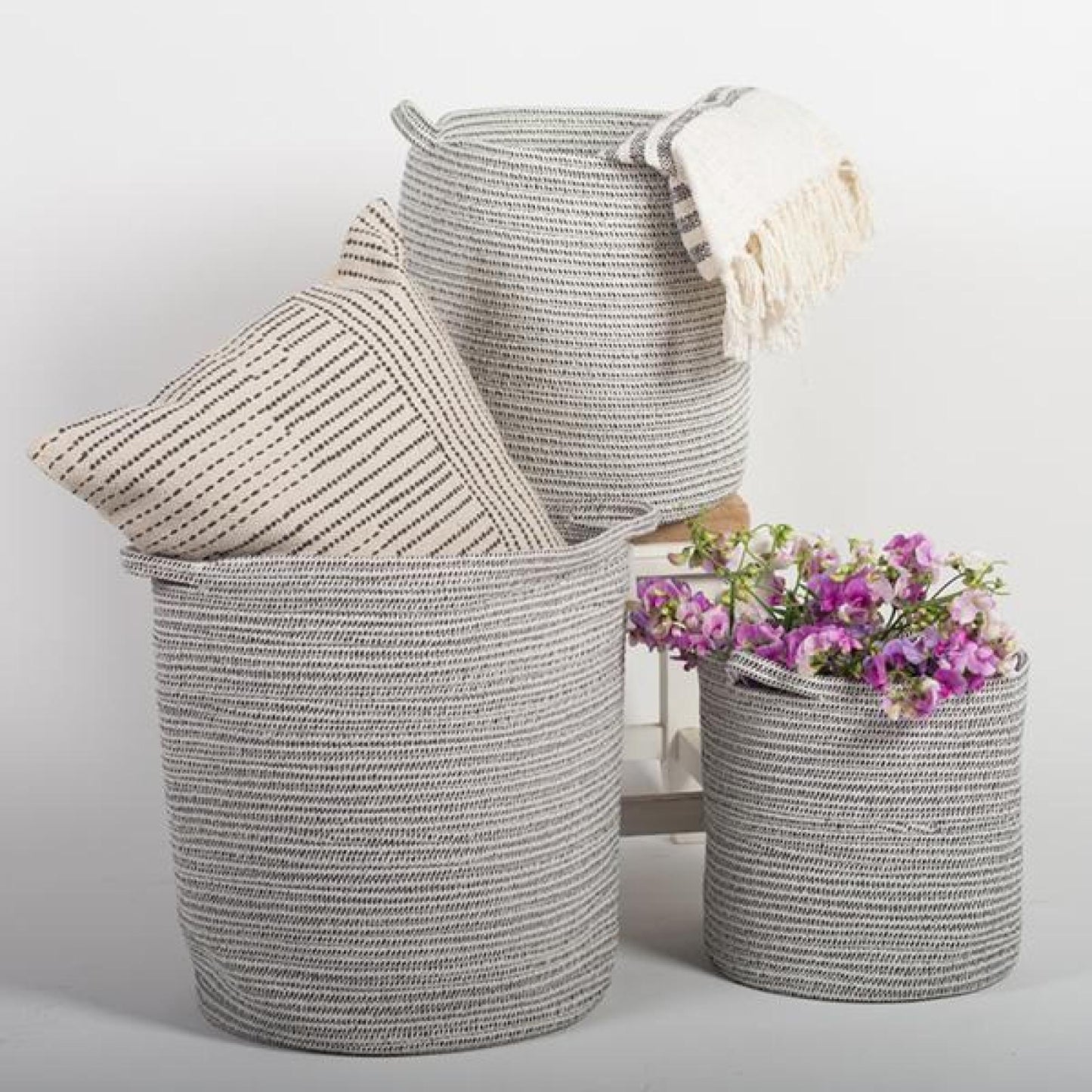 Set Of 3 Round With Handles Cotton Baskets