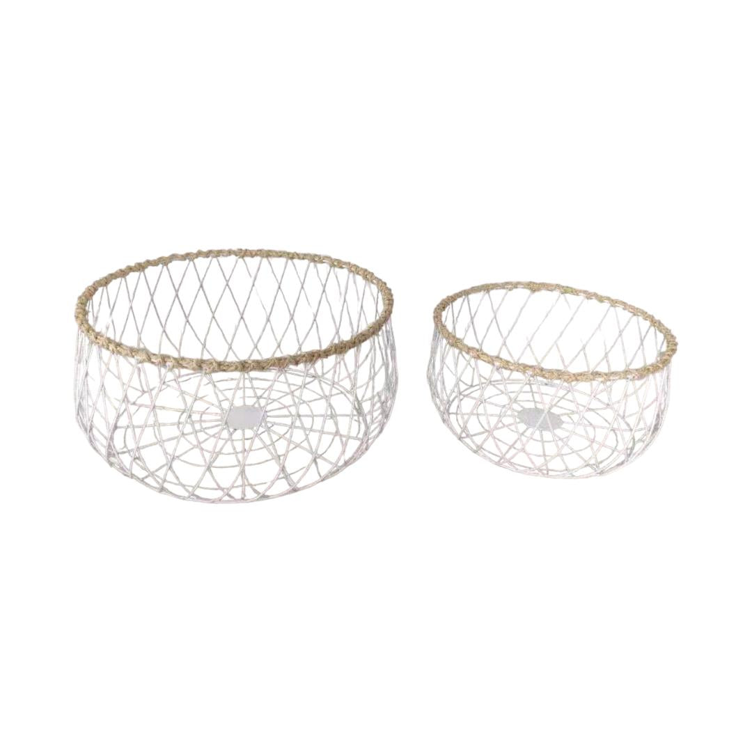 Set Of 2 Round White Metal With Paper Mache Trim Baskets