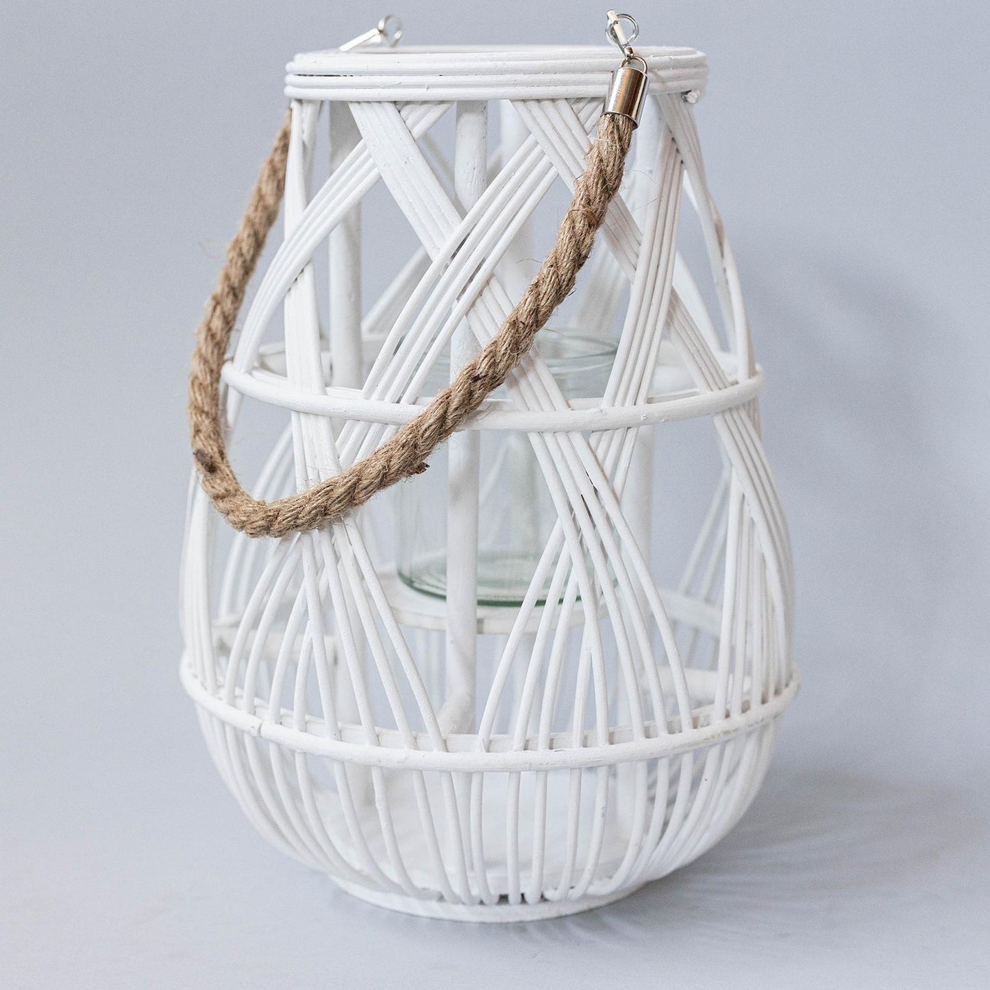 Wood With Open Weave Look And Rope Handle Lantern