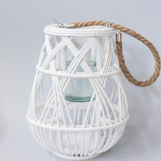 Wood With Open Weave Look And Rope Handle Lantern