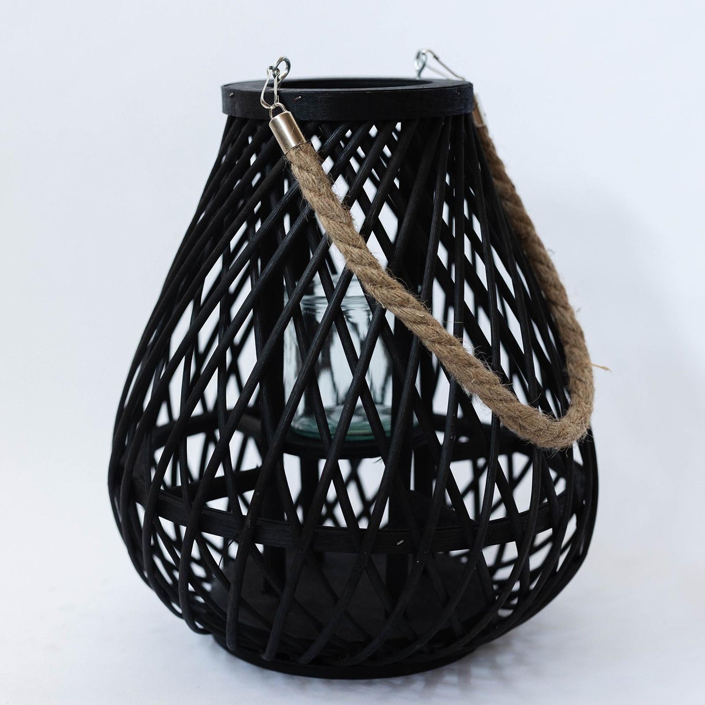 Black Woven Frame With Jute Rope Handle And Glass Candle Holder Pear Shaped Lantern