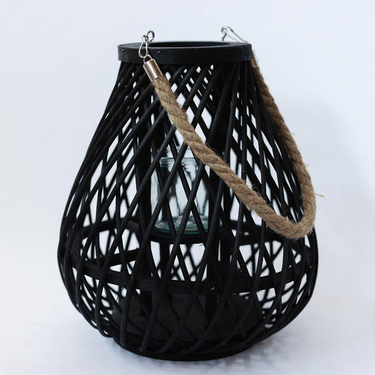 Black Woven Frame With Jute Rope Handle And Glass Candle Holder Pear Shaped Lantern
