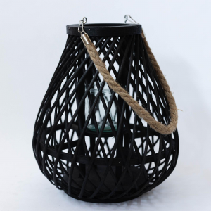 Black Woven Frame With Jute Rope Handle And Glass Candle Holder Pear Shaped Lantern