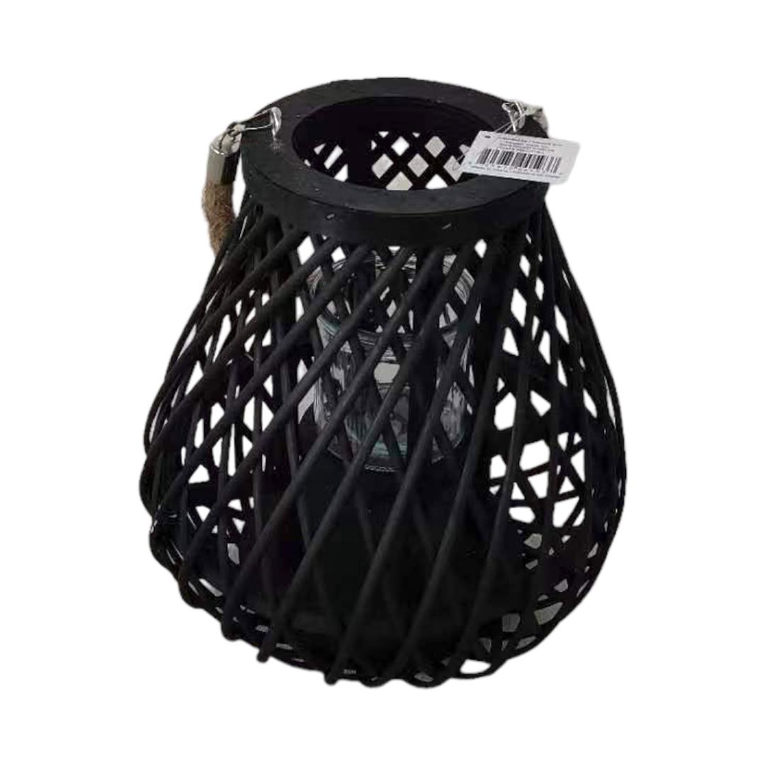 Black Woven Frame With Jute Rope Handle And Glass Candle Holder Pear Shaped Lantern