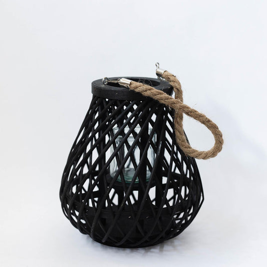 Pear Shaped Black Woven Frame With Jute Rope Handle And Glass Candle Holder Lantern