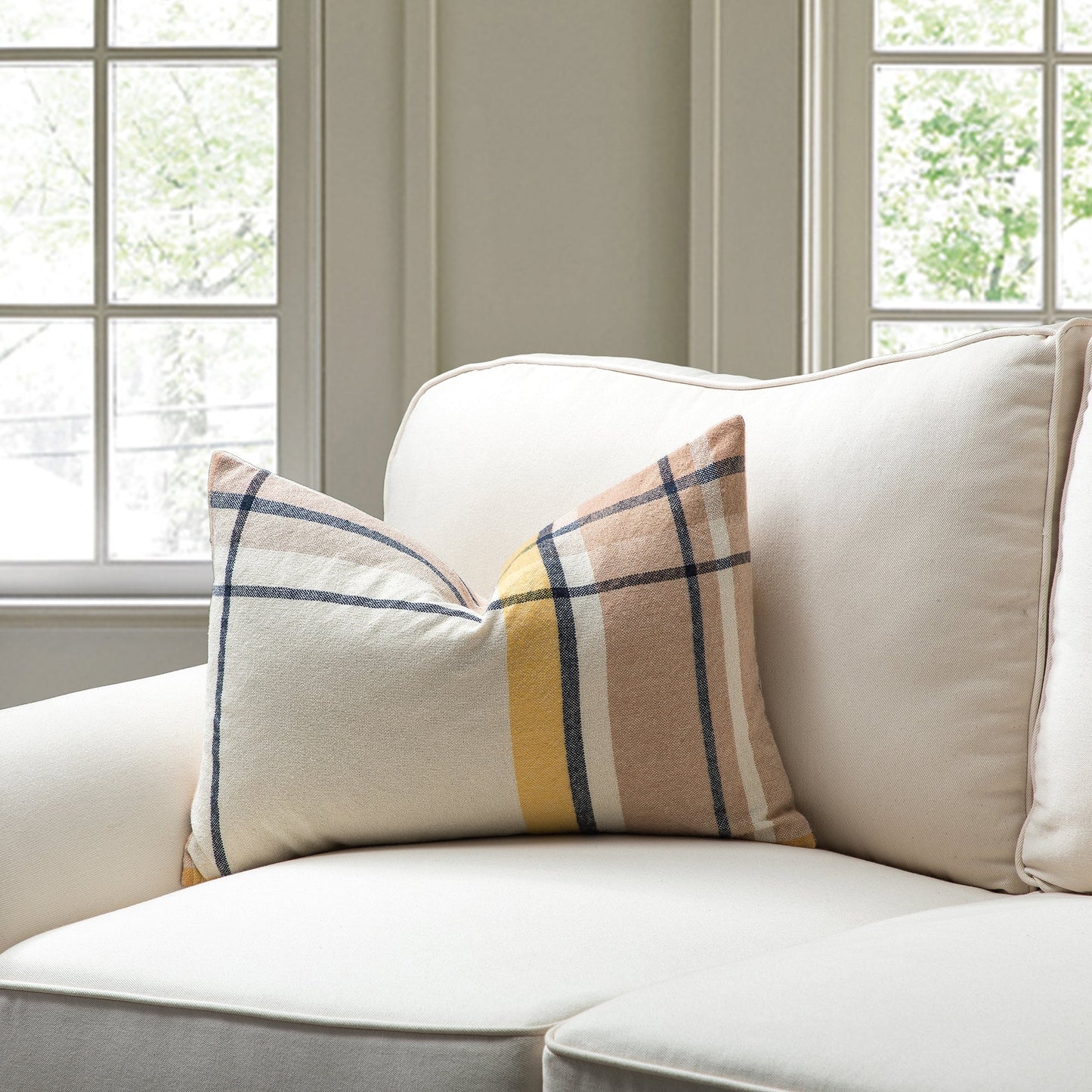 Lumbar Ivory And Beige With Navy Blue And Yellow Lines And Feather Down Insert Pillow