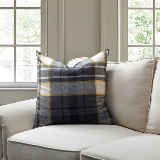 Gray With Yellow Check Pattern And Featherdown Insert Pillow