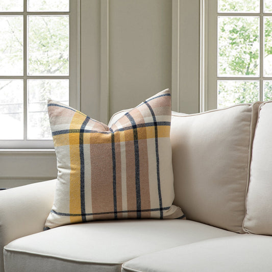 Ivory And Beige With Navy Blue And Yellow Lines And Featherdown Insert Pillow