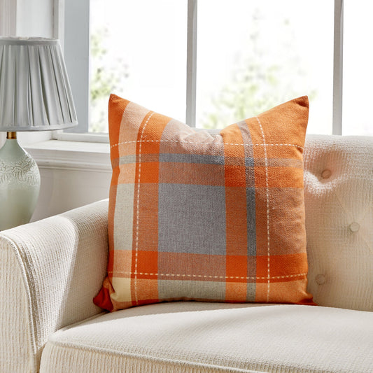 Manhattan Orange And Gray Check With Feather Down Insert Pillow