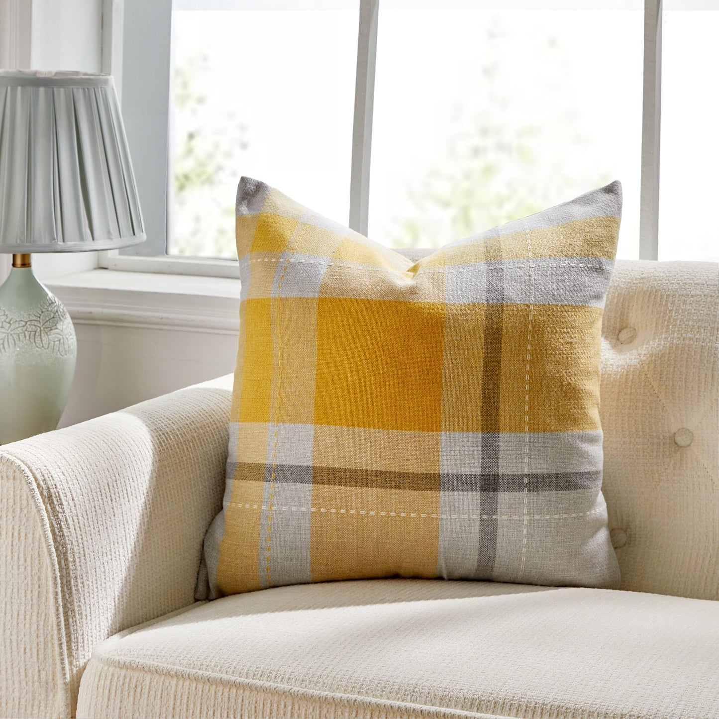 Manhattan Yellow And Gray Check With Feather Down Insert Pillow