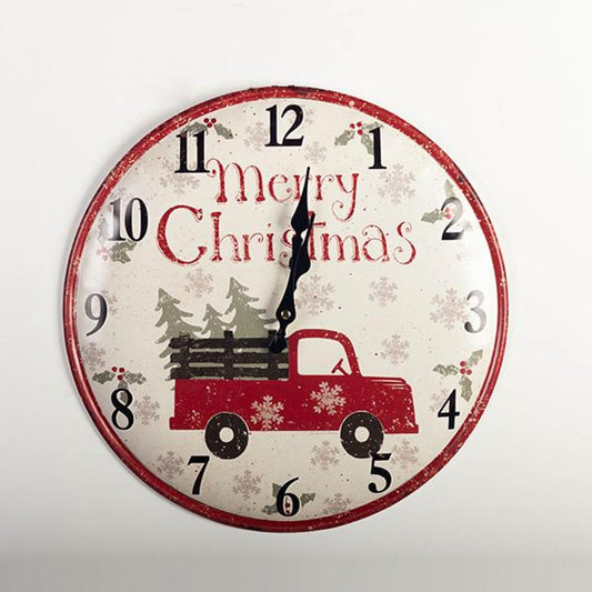 Merry Christmas With Pick Up Truck And Tree Wall Clock