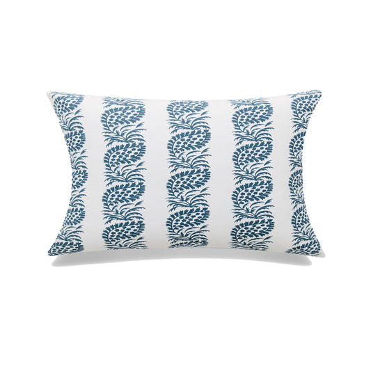 White With Navy Blue Block Print And Feather Down Insert Pillow