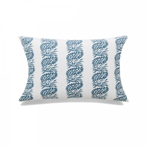 White With Navy Blue Block Print And Feather Down Insert Pillow