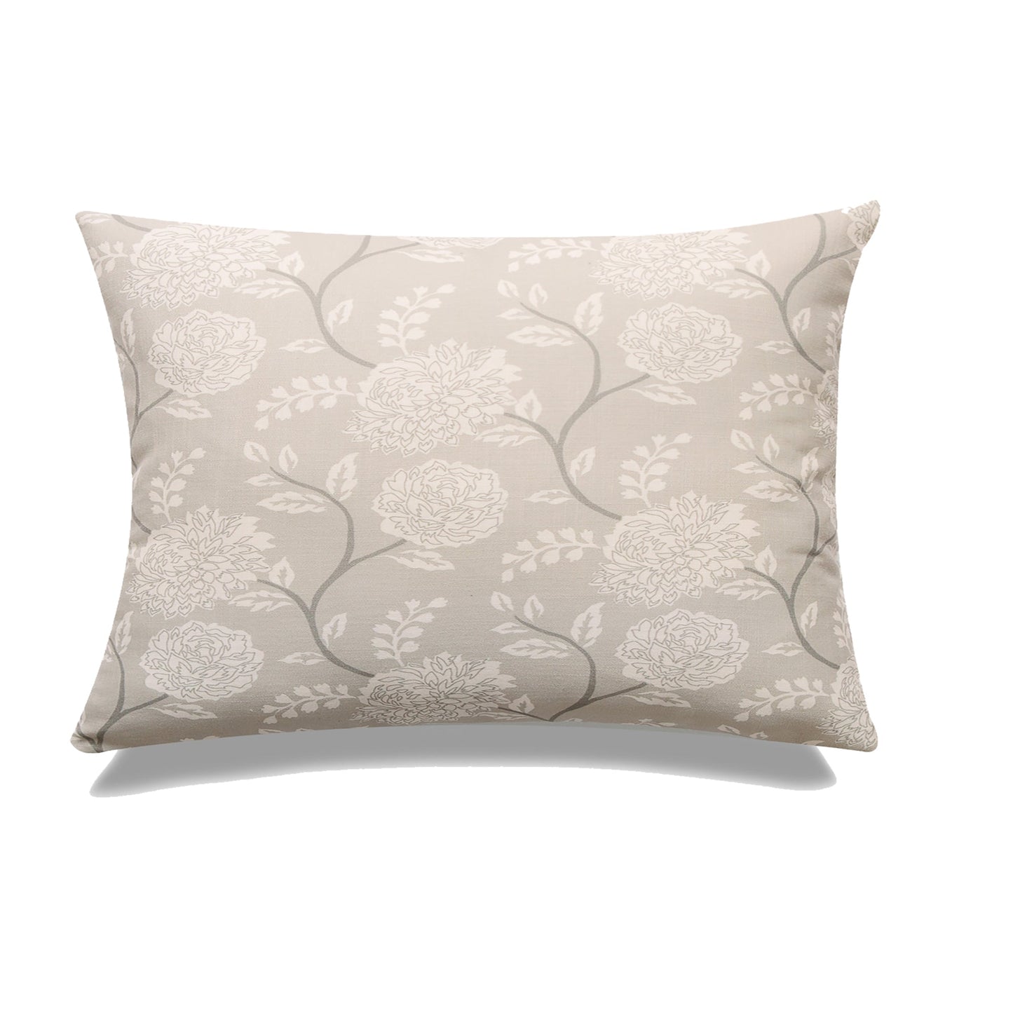 Greige With White Peonies And Feather Down Insert Pillow