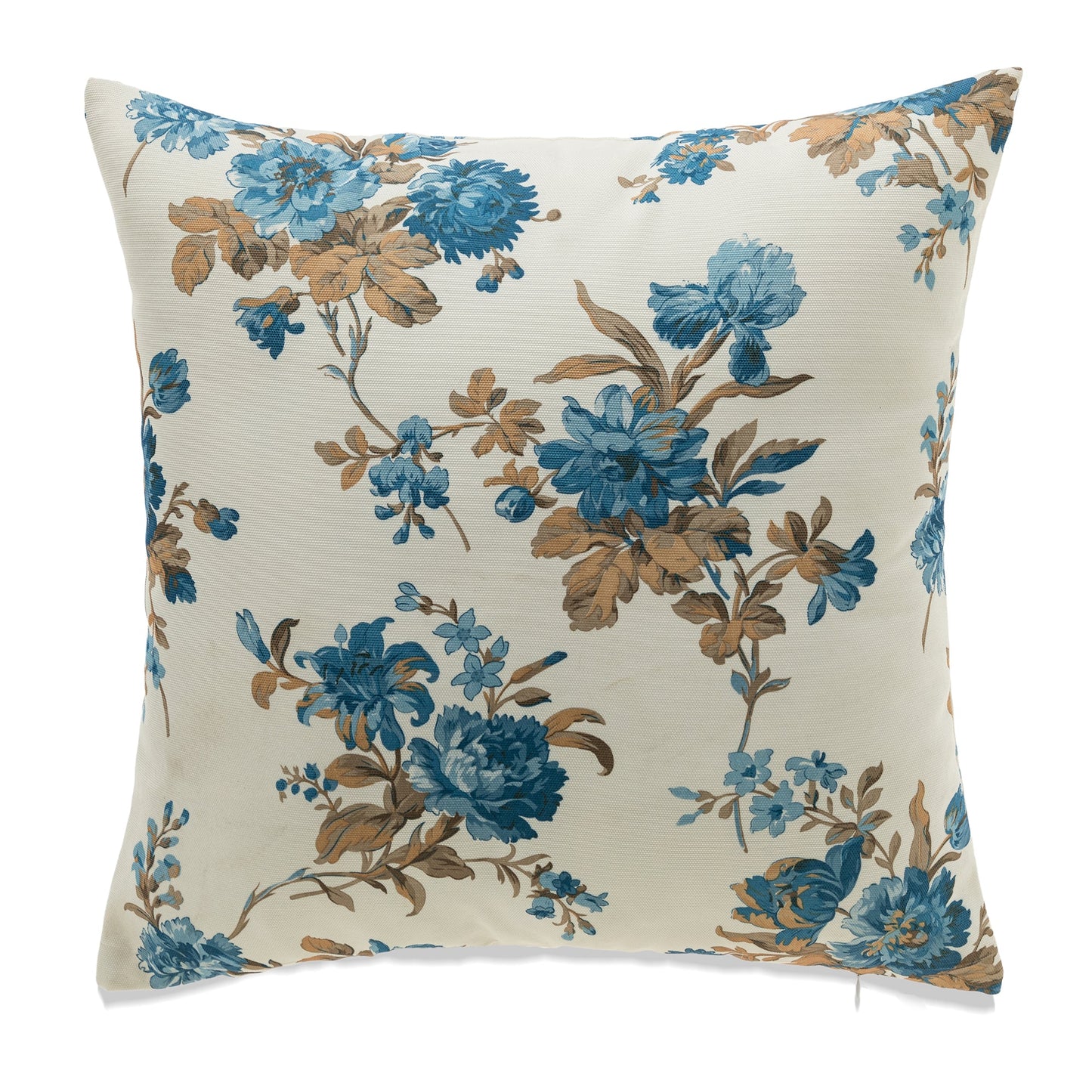 Square Blue And Brown Florals On Ivory With Microgel Feather-Like Insert Pillow