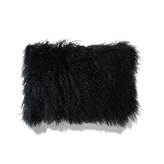 Black Mongolian Lamb Fur Lumbar With Feather Insert Pillow