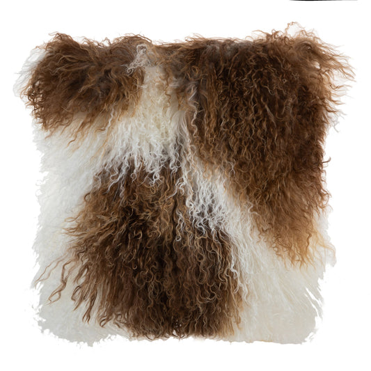 Brown And White Mongolian Lamb Fur With Feather Down Insert Pillow