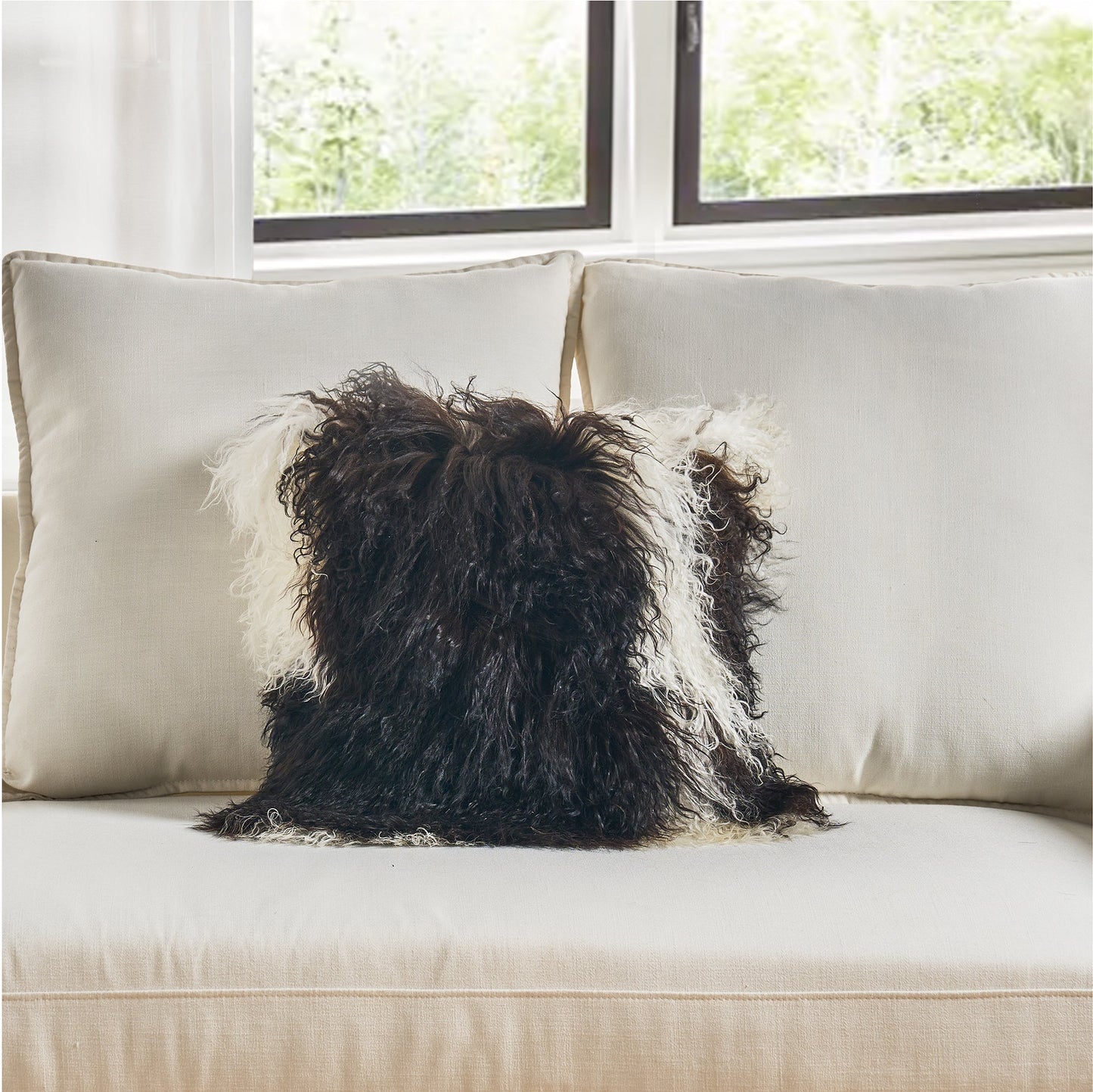 Black And White Mongolian Lamb Fur With Feather Down Insert Pillow