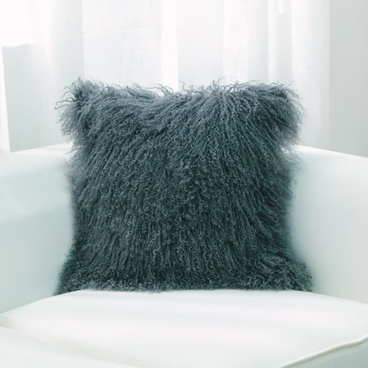 Gray Mongolian Lamb Fur With Feather Down Insert Pillow