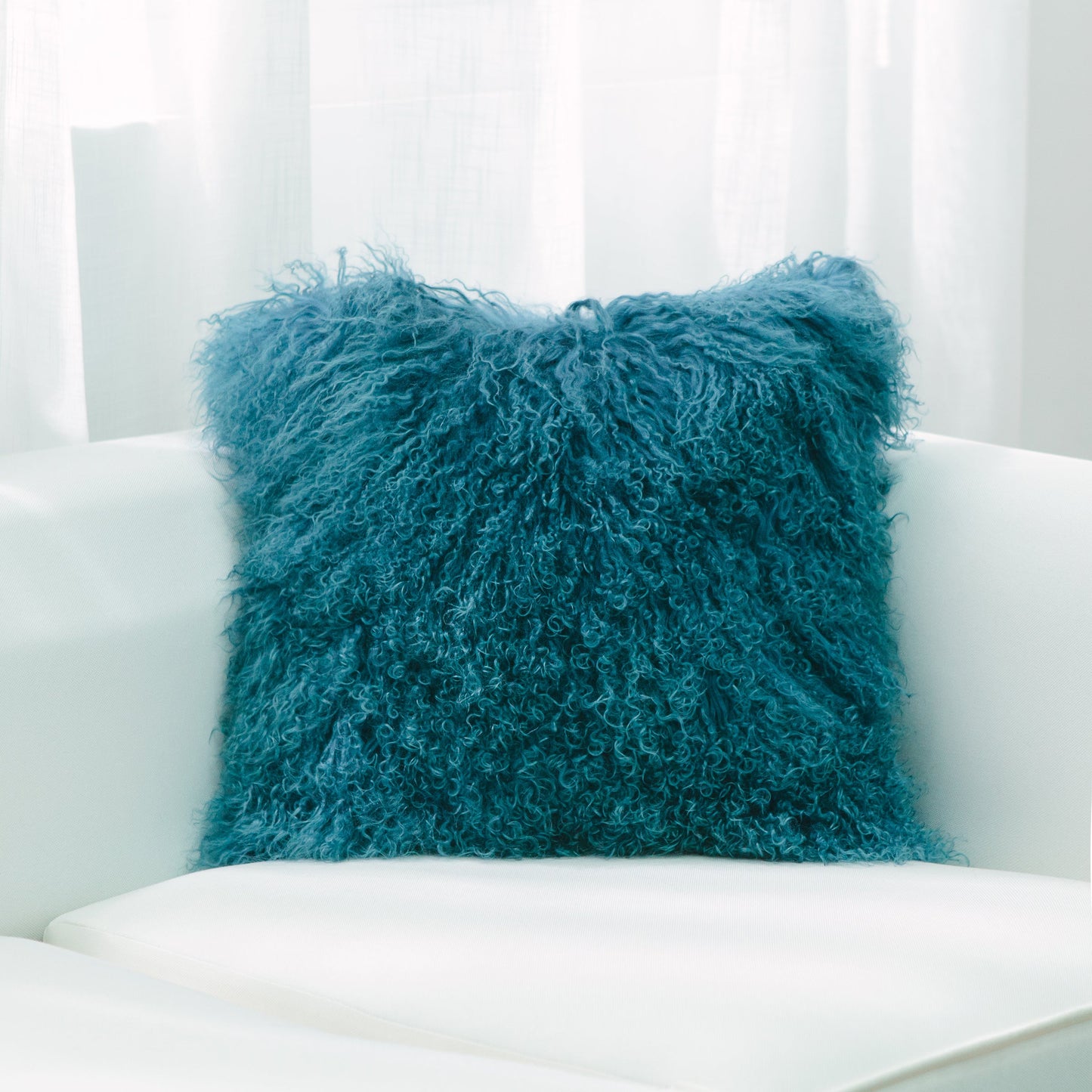 Teal Mongolian Lamb Fur With Feather Down Insert Pillow