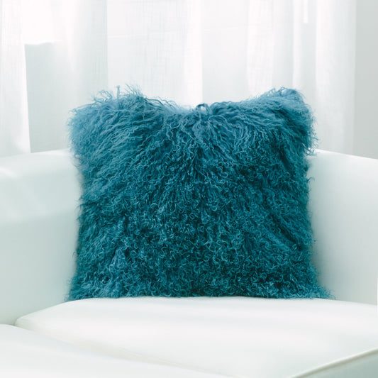 Teal Mongolian Lamb Fur With Feather Down Insert Pillow