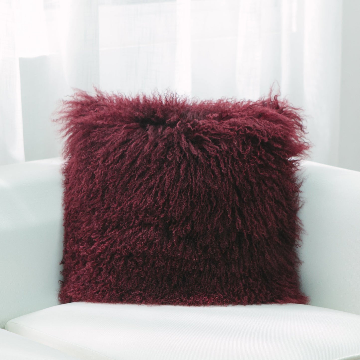 Burgundy Mongolian Lamb Fur With Feather Down Insert Pillow