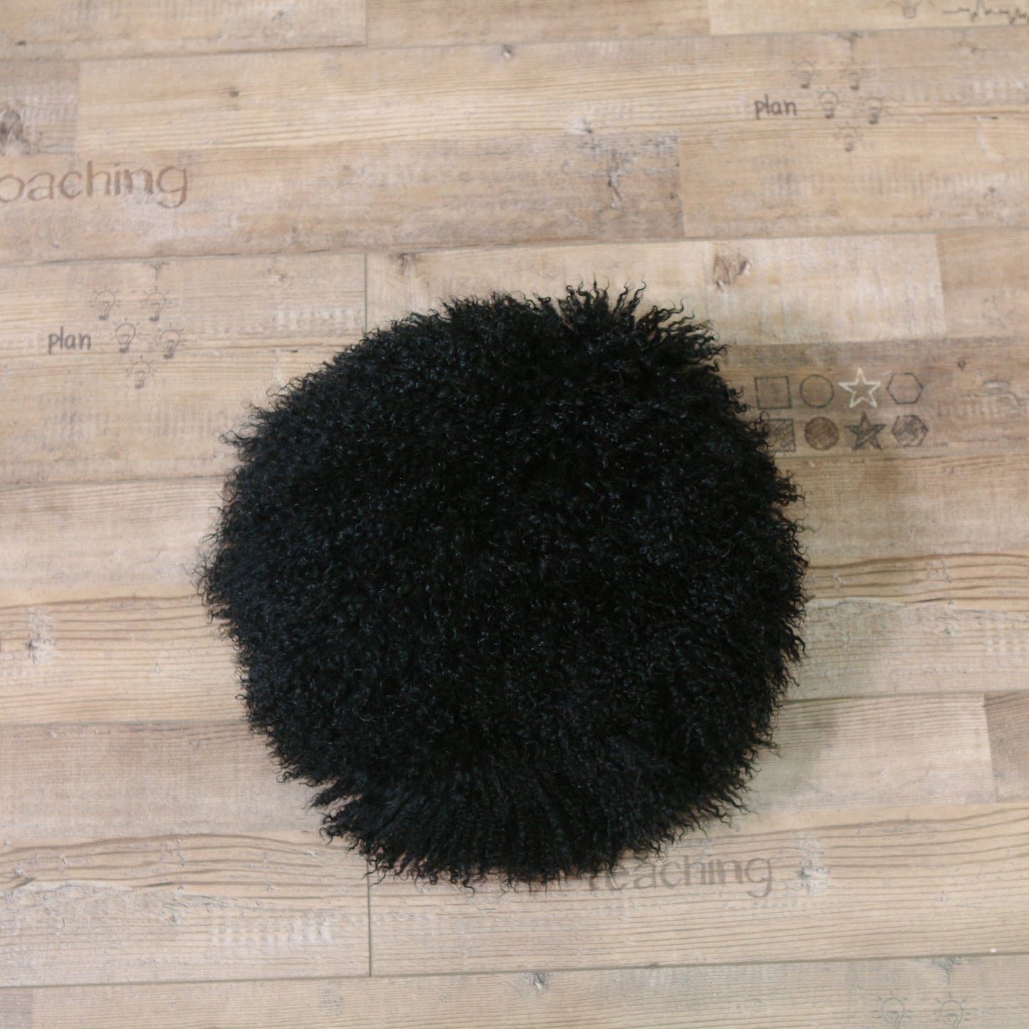 Black Round Mongolian Lamb Fur With Featherdown Insert Pillow