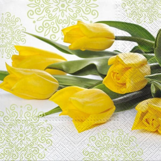 Pack Of 20 Luncheon Size  Yellow Tulips Pattern Napkins