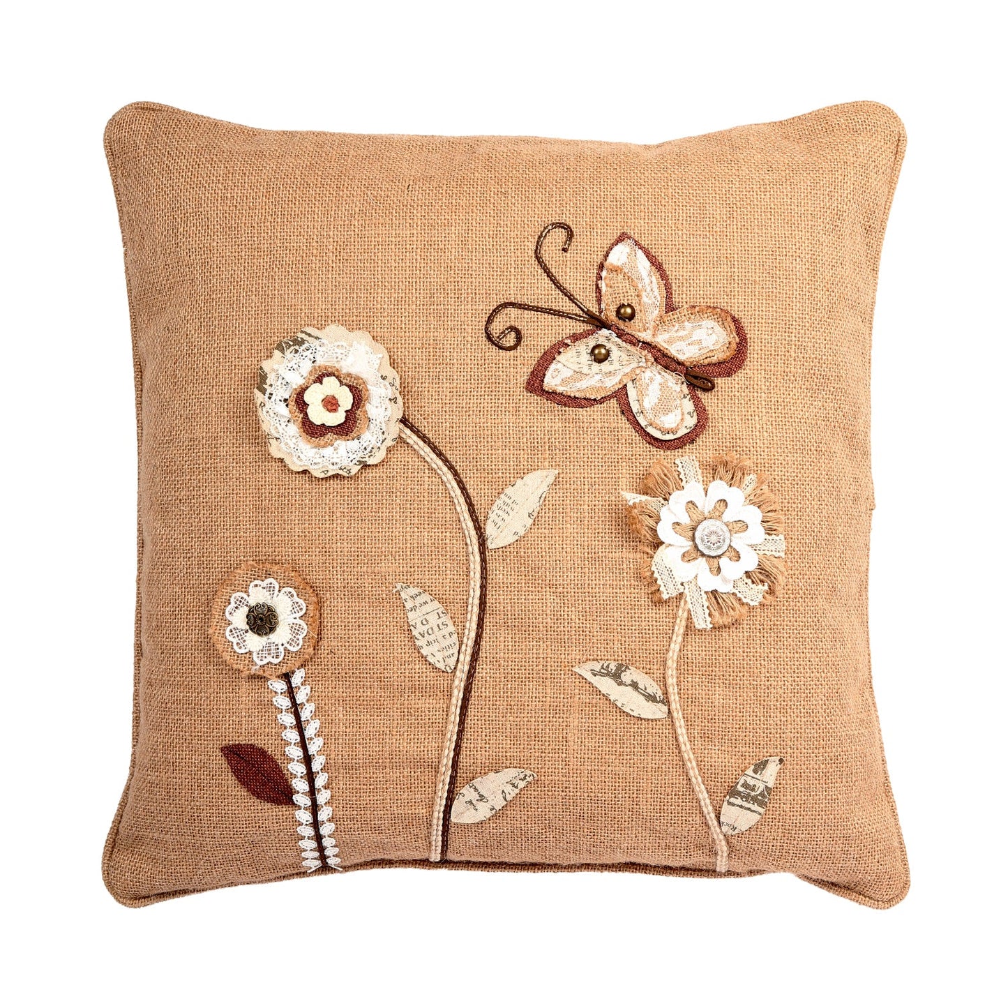 Flowers And Butterfly On Jute With Feather Down Insert Pillow