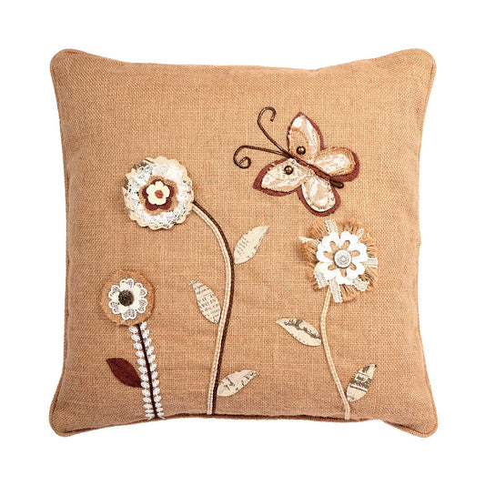 Flowers And Butterfly On Jute With Feather Down Insert Pillow