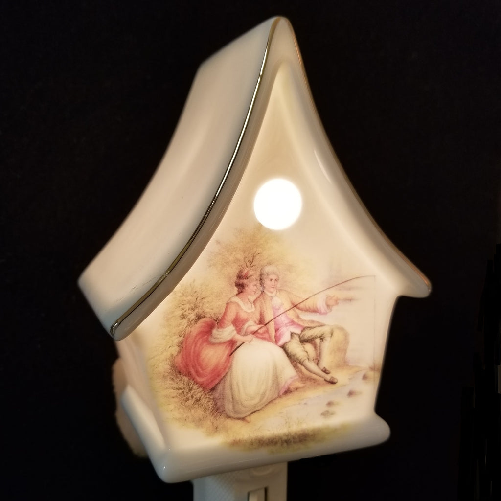 Victorian Couple Fishing Print On A Birdhouse Shaped Night Light