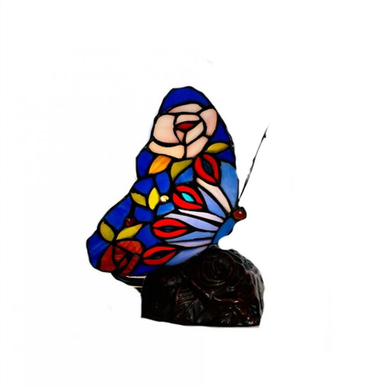 Multi Color Butterfly With Floral Wings Stained Glass Accent Lamp