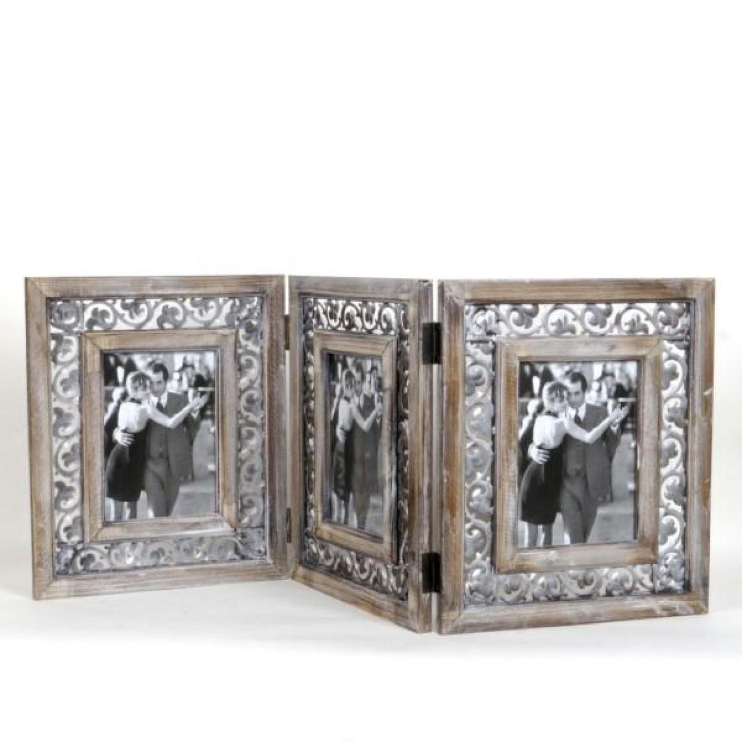 Wood And Metal Tri-Fold Photo Frame