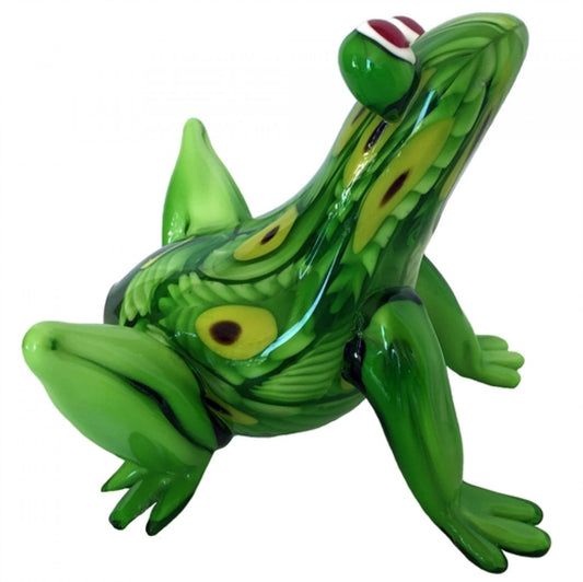 Green With Yellow Pattern Glass Frog Figurine