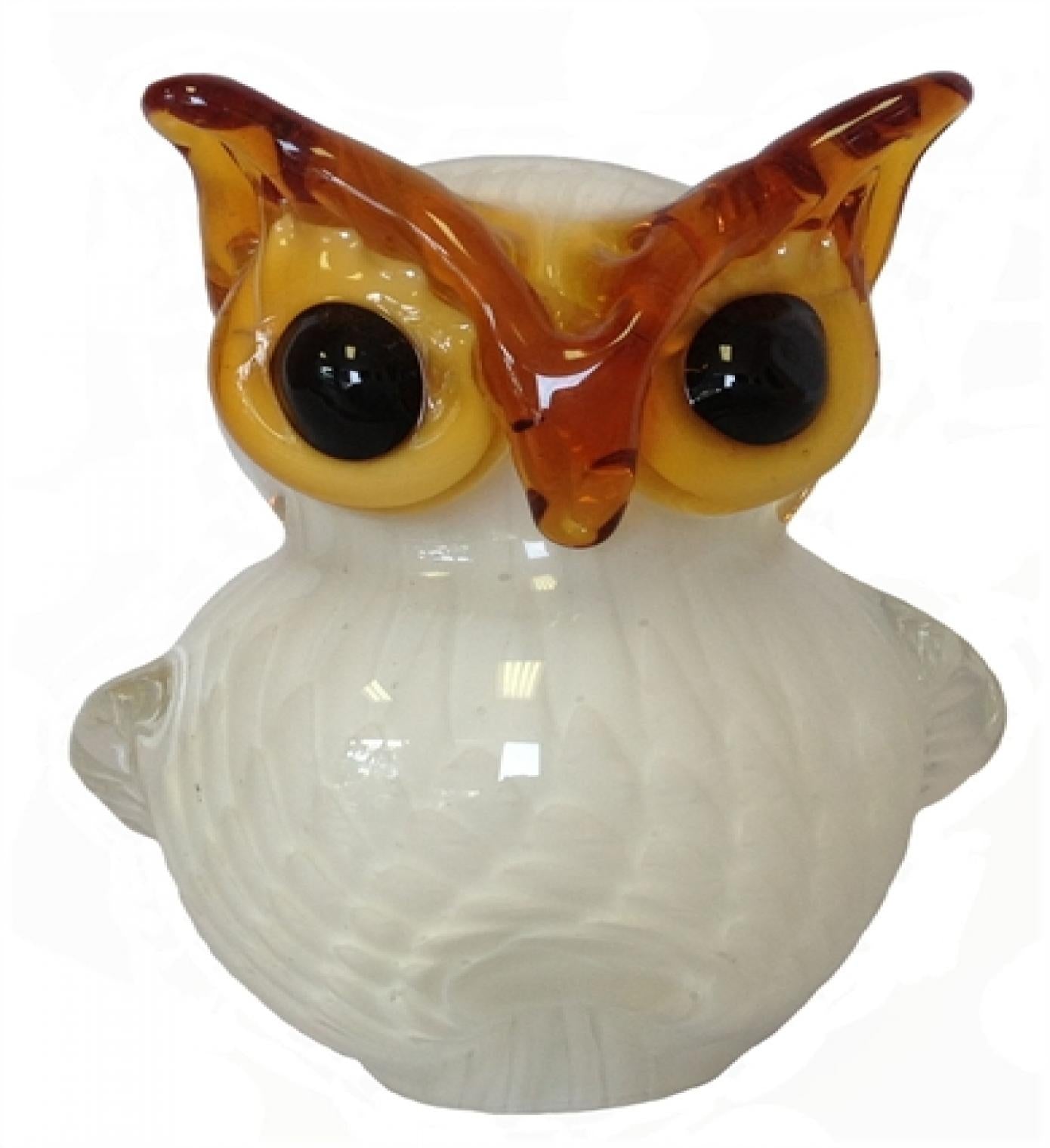 Hand Blown White And Brown Glass Owl Paperweight