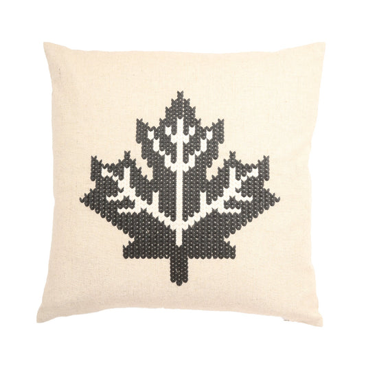 Gray And White Embroidered Maple Leaf With Polyester Insert Pillow