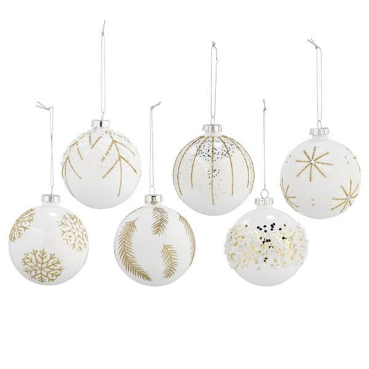 Set Of 6 Assorted White With Different Gold Patterns Ornament