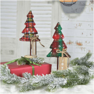 Set Of 2 Assorted Wood And Fabric Tree On A Stand Christmas Decor