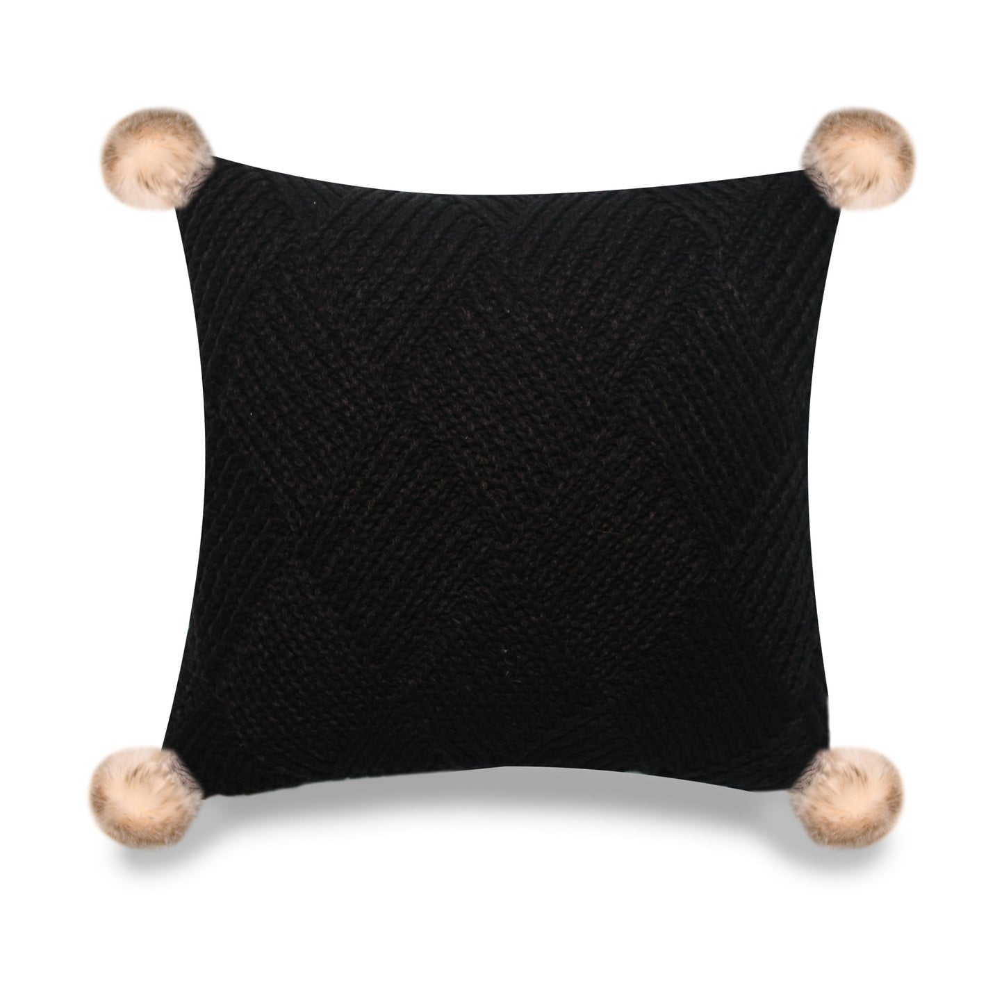 Black Machine Knit With Pom Poms And Feather Down Insert Pillow