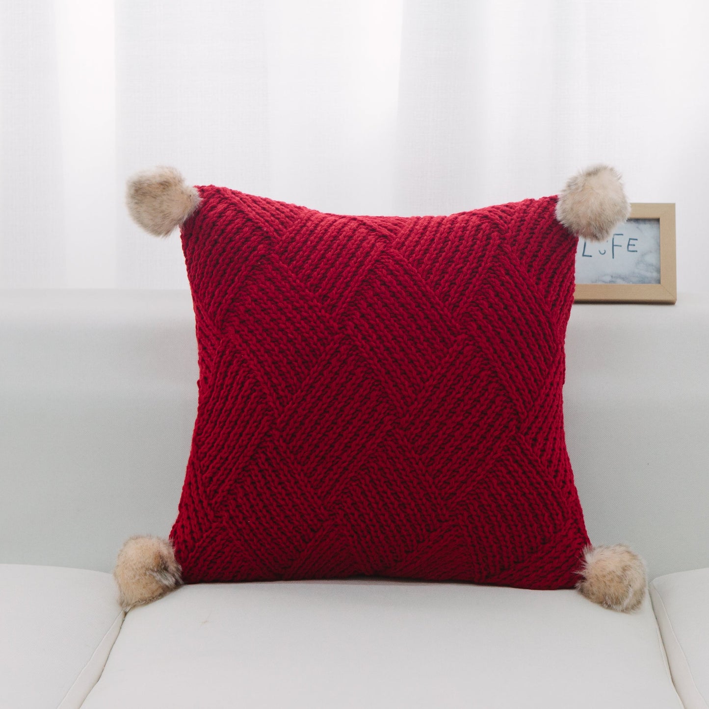 Red Machine Knit With Pom Poms And Feather Down Insert Pillow