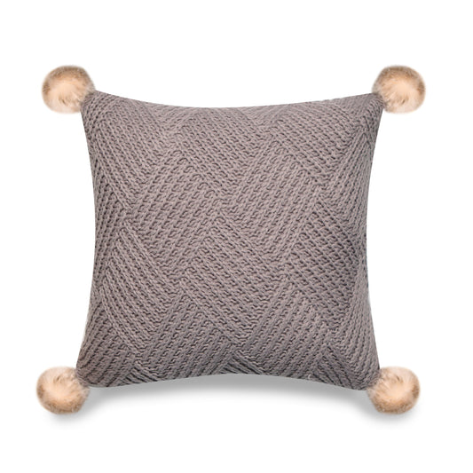 Gray Machine Knit With Pom Poms And Feather Down Insert Pillow