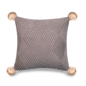 Gray Machine Knit With Pom Poms And Feather Down Insert Pillow