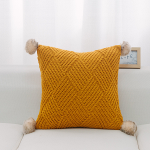 Gold Machine Knit With Pom Poms And Feather Down Insert Pillow