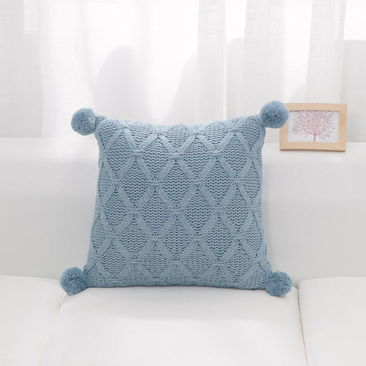 Blue Diamond Pattern Knit With Matching Pom Poms And Feather Down Insert Pillow