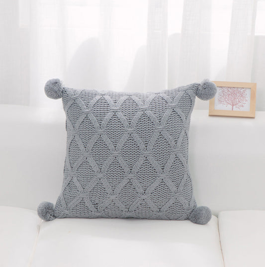 Gray Diamond Pattern Knit With Matching Pom Poms And Feather Down Insert Pillow