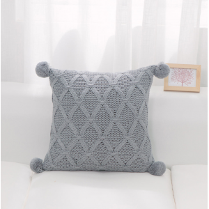 Gray Diamond Pattern Knit With Matching Pom Poms And Feather Down Insert Pillow