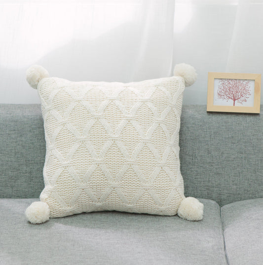 Ivory Diamond Pattern Knit With Matching Pom Poms And Feather Down Insert Pillow