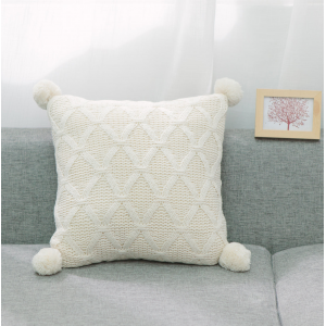 Ivory Diamond Pattern Knit With Matching Pom Poms And Feather Down Insert Pillow